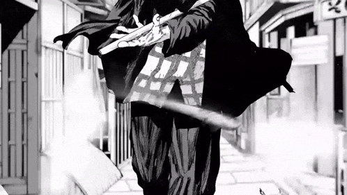 a black and white drawing of a man in a suit holding a gun in his hand .
