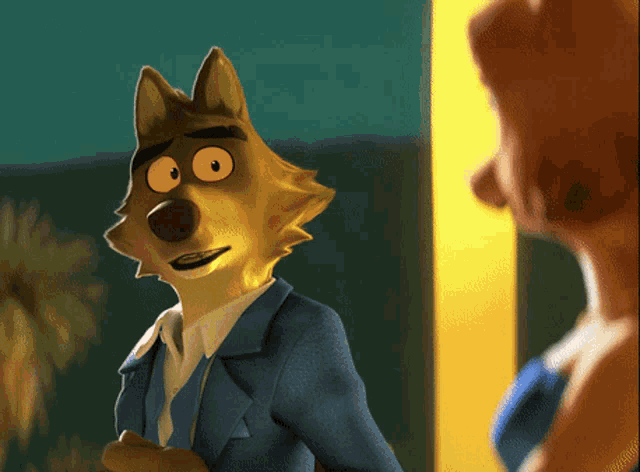 a cartoon wolf wearing a suit and tie looks at a woman