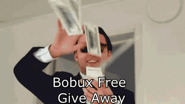 a man throwing money in the air with the words bobux free give away
