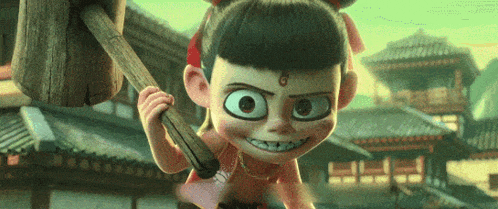 a cartoon character with big eyes is holding a wooden stick .