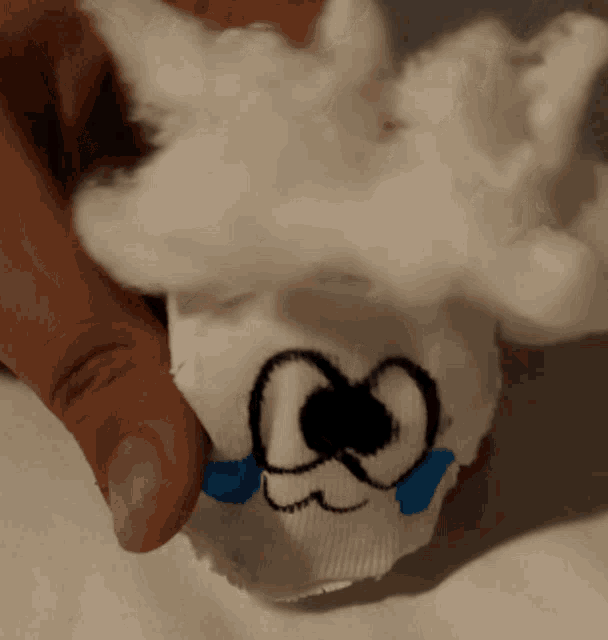 a person is holding a stuffed animal that has a face painted on it