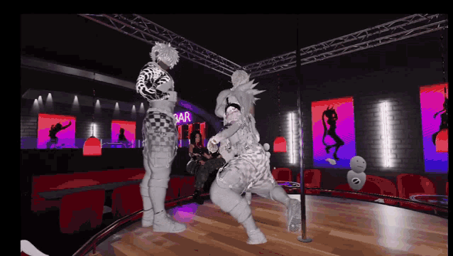 a video game scene with a pole dancer in front of a bar sign