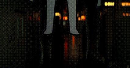 a cartoon of a person standing in a hallway with a silhouette of a person .