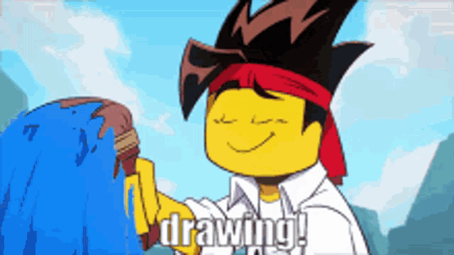 a cartoon character says drawing while holding a brush