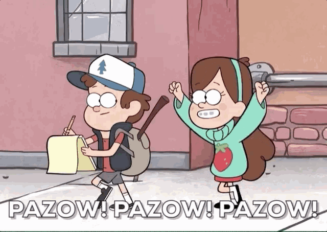 a cartoon of dipper and mabel from gravity falls says pazow