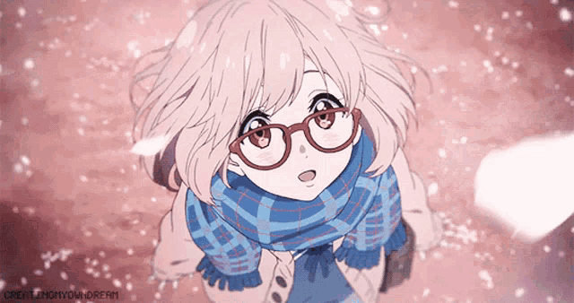 a girl wearing glasses and a blue scarf looks up at the sky