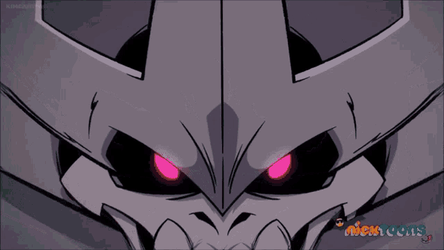 a close up of a cartoon character 's face with pink eyes and the words nicktoons below it