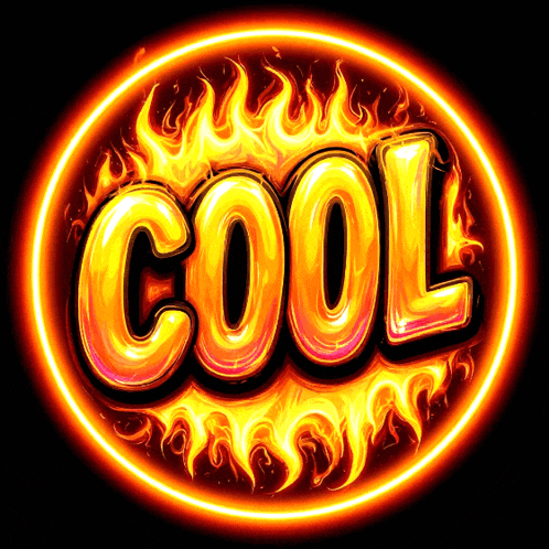 the word cool is surrounded by flames and glowing lights