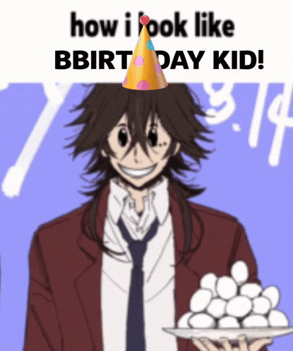 a man wearing a party hat holds a plate of eggs
