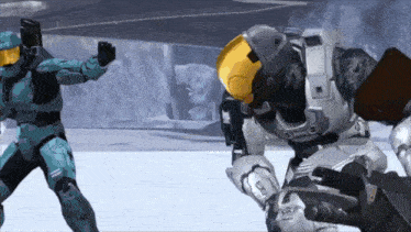 a video game scene with two soldiers one of whom is wearing a helmet that says ' cb ' on it