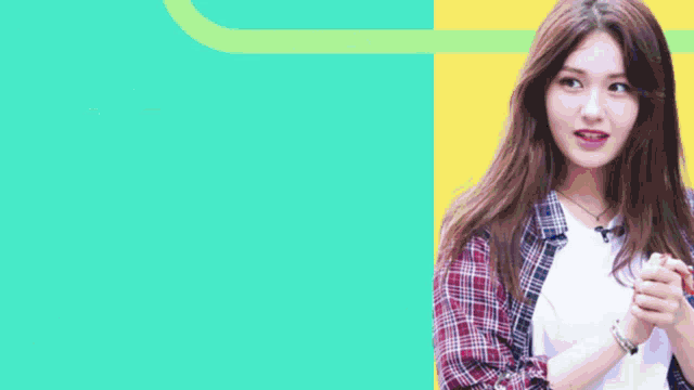 a woman in a plaid shirt stands in front of a green and yellow background with the words ben em cho vay tien
