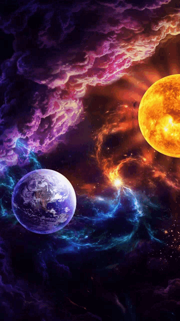 a blue planet and a yellow sun in a galaxy
