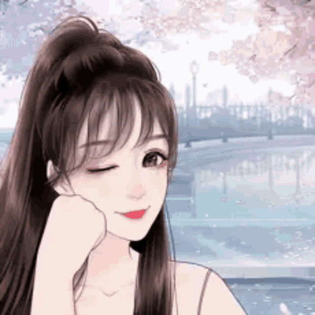 a drawing of a girl with a ponytail and a hand on her chin .