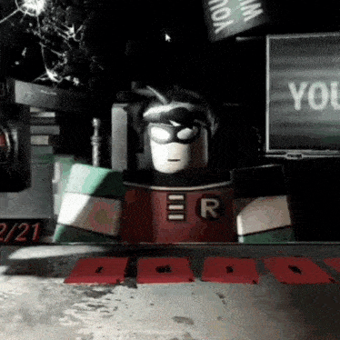 a roblox character in a robin costume is standing in front of a sign that says you