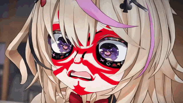 a close up of a anime character with a red face paint