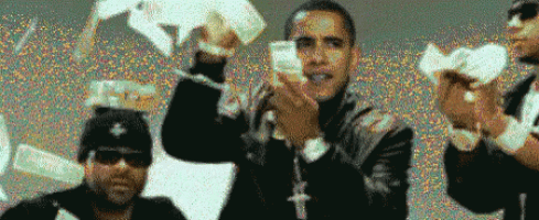 a man in a black jacket is holding a bunch of money in his hand .