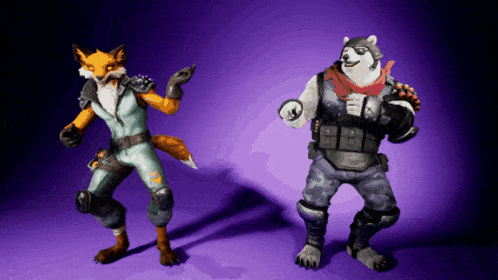 a fox and a wolf are standing next to each other on a purple background