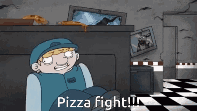 a cartoon character says pizza fight while sitting on a checkered floor