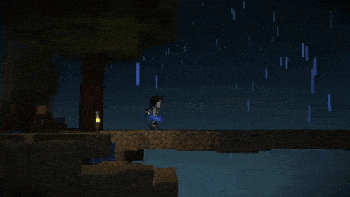 two minecraft characters are standing on a bridge with a tree in the background