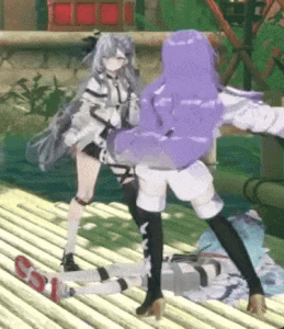 a couple of anime girls are standing next to each other on a wooden deck .