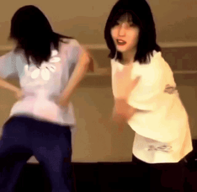 two girls are dancing together in a room . one of the girls is wearing a white shirt with a flower on it .