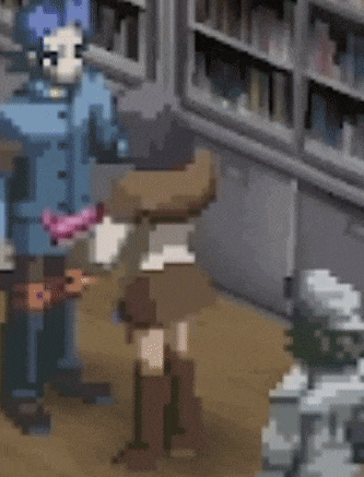 a pixel art drawing of a woman holding a gun