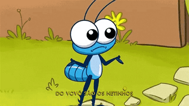 a cartoon grasshopper with a yellow flower on its head is standing on a rock .