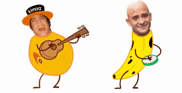 a cartoon of a man playing a guitar next to a cartoon of a banana with arms and legs
