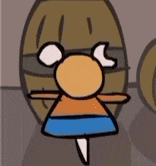 a cartoon character is standing in front of a wooden barrel with his arms outstretched .