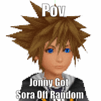 a picture of a video game character with the words pov jonny got sora off random