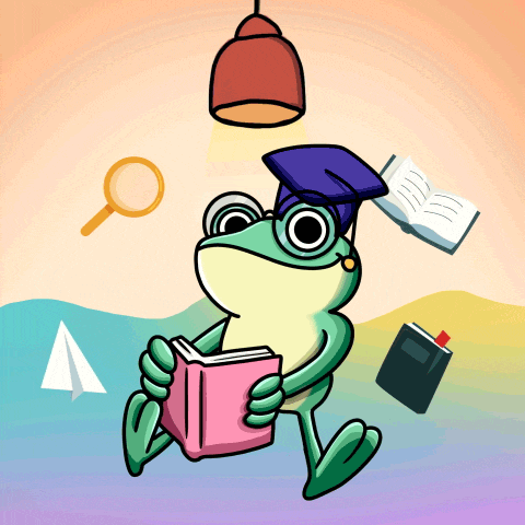 a frog wearing a graduation cap and goggles is holding a book