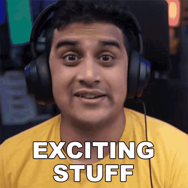 a man wearing headphones with exciting stuff written on his face