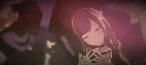a girl in a black dress is standing in a dark room with a purple background .