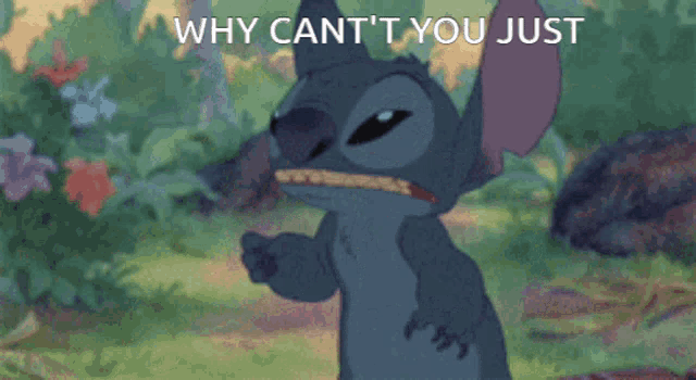 stitch from lilo and stitch is covering his eyes with his hands