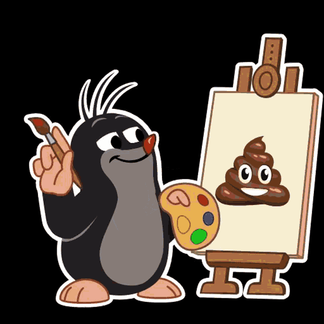 a cartoon mole painting a picture of a poop on an easel