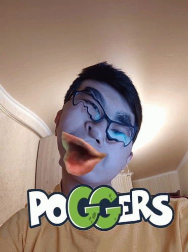 a man wearing glasses and a yellow shirt with a poggers logo on his face