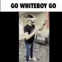 a man wearing a virtual reality headset is dancing in a room with a sign that says go whiteboy go .