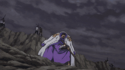 a man in a purple robe is holding a sword in front of a blue light