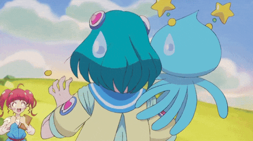 a cartoon of a girl holding a blue octopus with stars on it