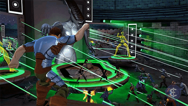 a man in armor is fighting a monster in a video game with the number 8 on the bottom