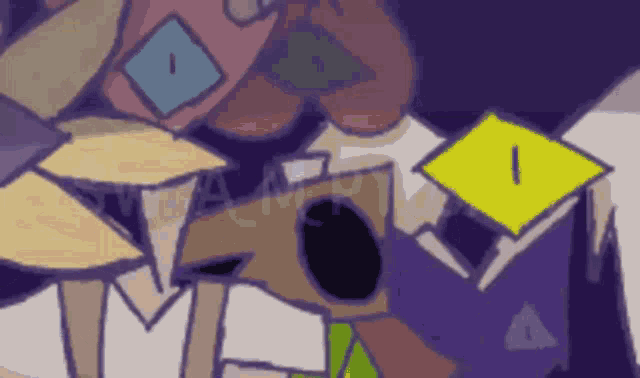 a cartoon drawing of a person with a purple background and a yellow triangle with the letter i on it