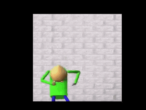 a cartoon character is standing in front of a brick wall .