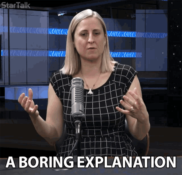 a woman sitting in front of a microphone with the words " a boring explanation " above her