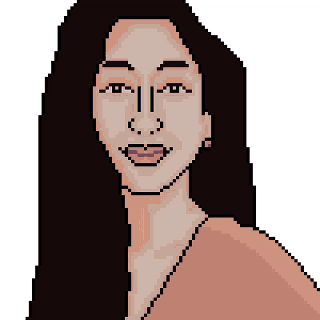 a pixel art portrait of a woman with long black hair and a pink shirt