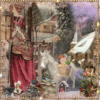 a painting of a man standing next to a donkey with a basket of candy on it