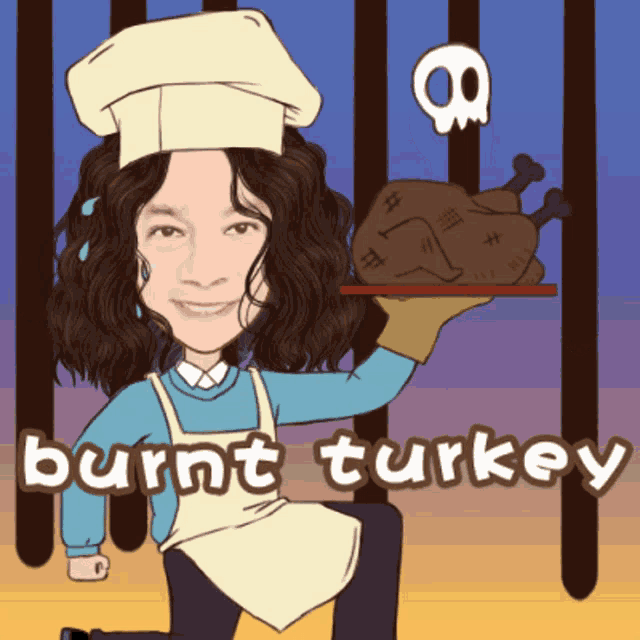 a cartoon of a woman holding a burnt turkey on a plate