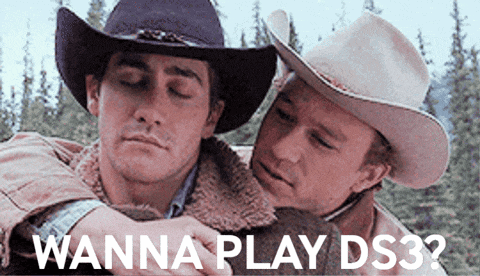 two men in cowboy hats hugging each other with the words wanna play ds3