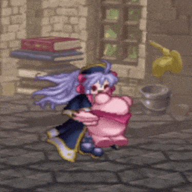 a cartoon of a girl holding a pink stuffed animal