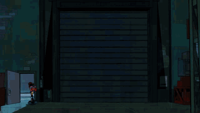 a cartoon character is standing in a doorway with a sign that says ' scc ' on it