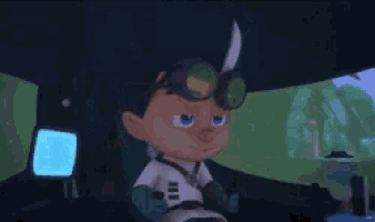 a cartoon character wearing goggles is sitting in a car .